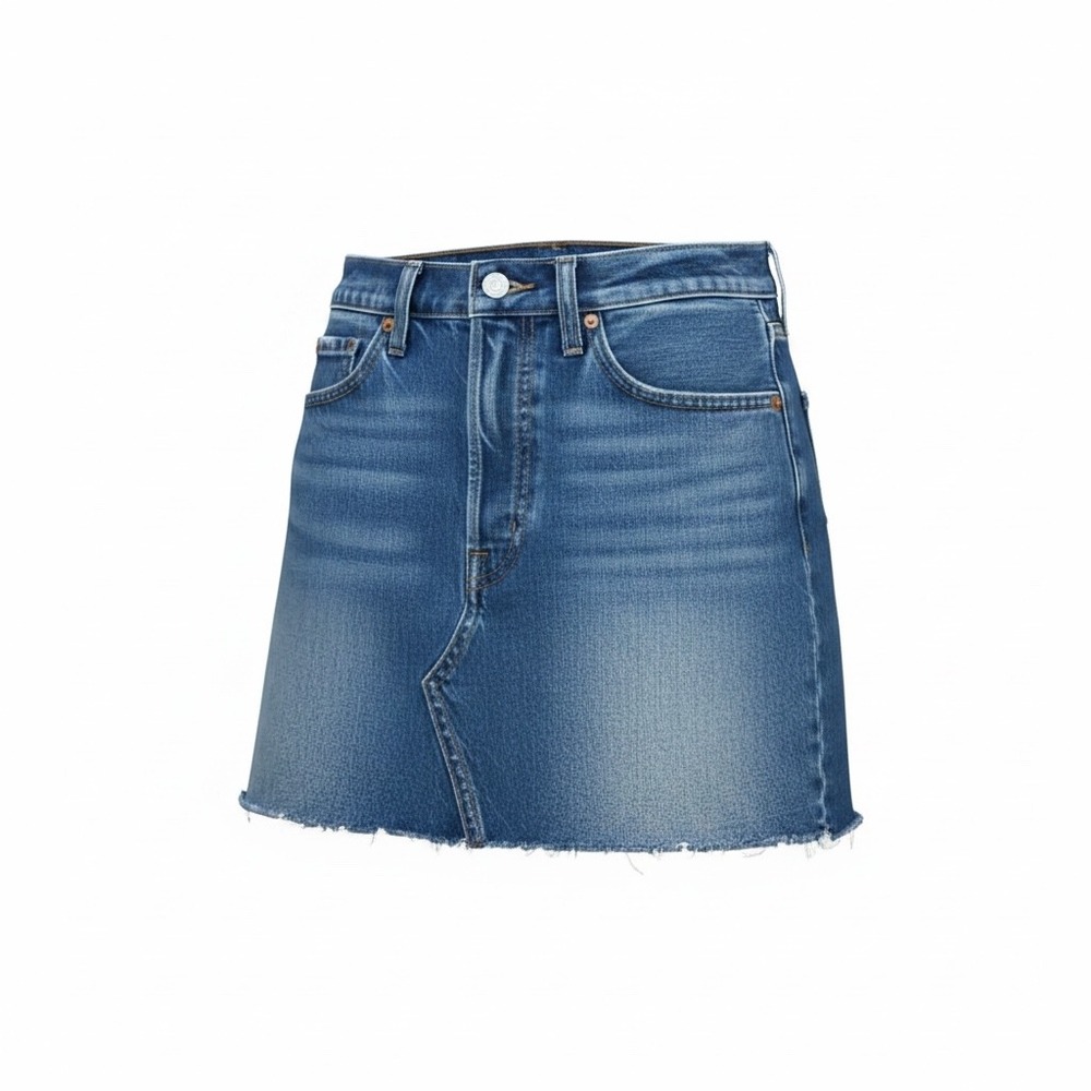Levis Premium Deconstructed Denim Mini Skirt Medium Wash Button Fly Size 25
